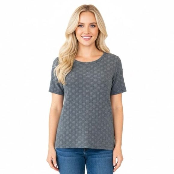 Anthropologie Numph Gray Textured Ribbed Short Sleeve Polka Dot Shirt - Picture 1 of 7